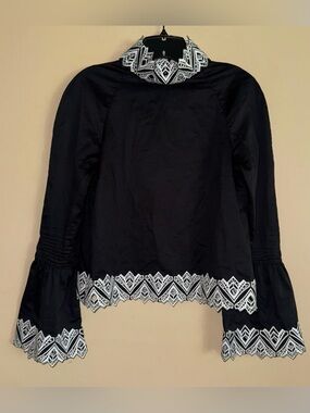 Jonathan Simkhai Black Embroidered Geometric Cotton Peasant Blouse Top Size M